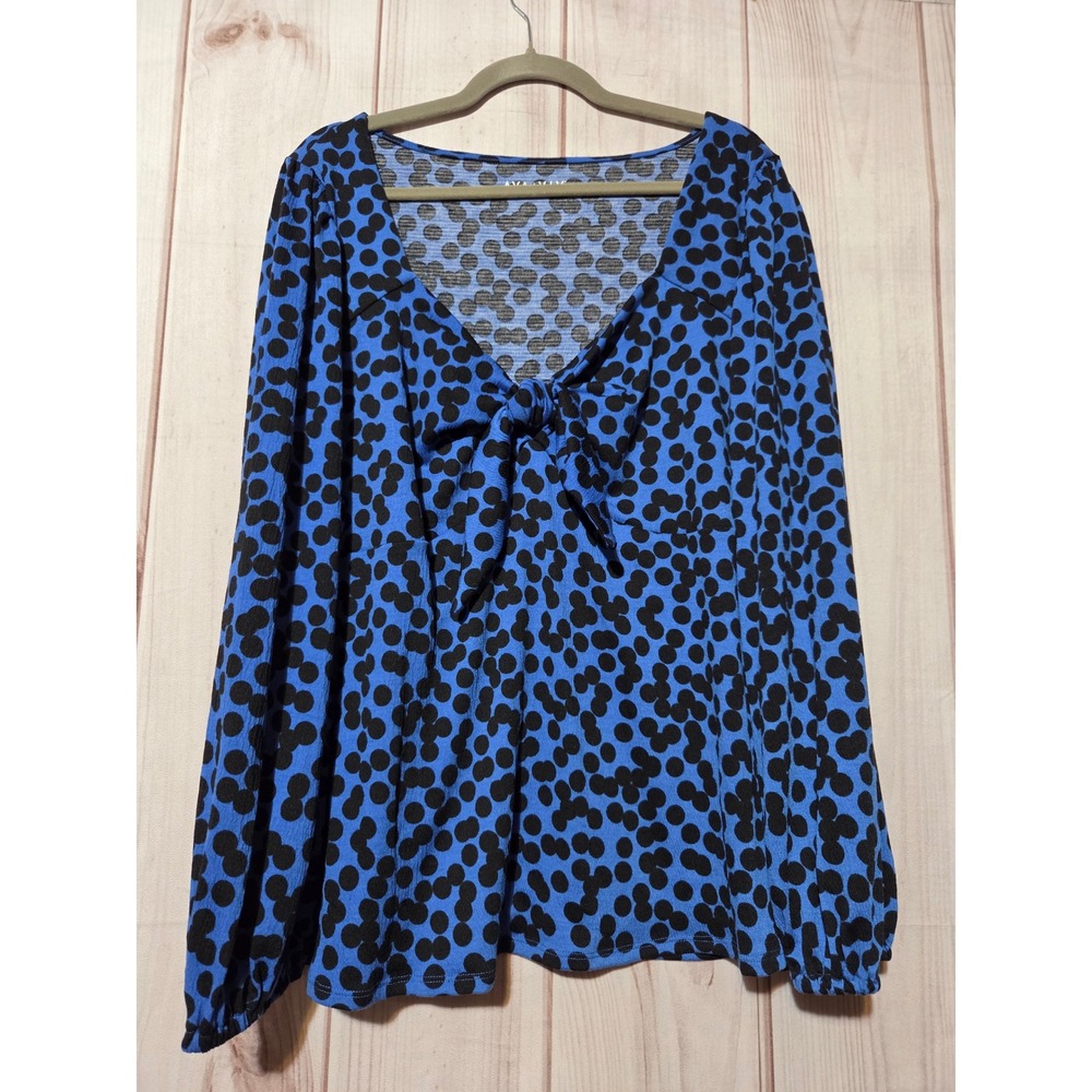 Ava & Viv Blue Black Polka Dot Tie Front V-Neck Blouse Top 2X‎ Business Casual